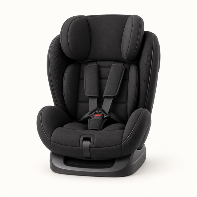 Black child car seat representing Travel Must-Haves