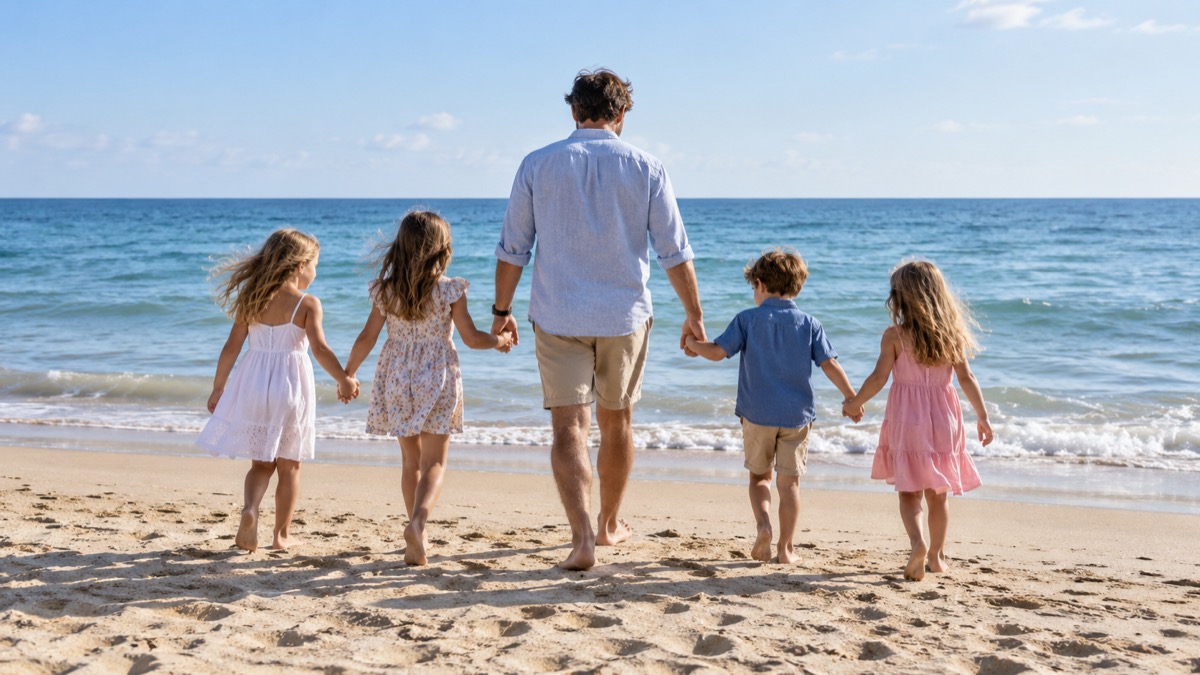 A father and four children holding hands on a sunny beach