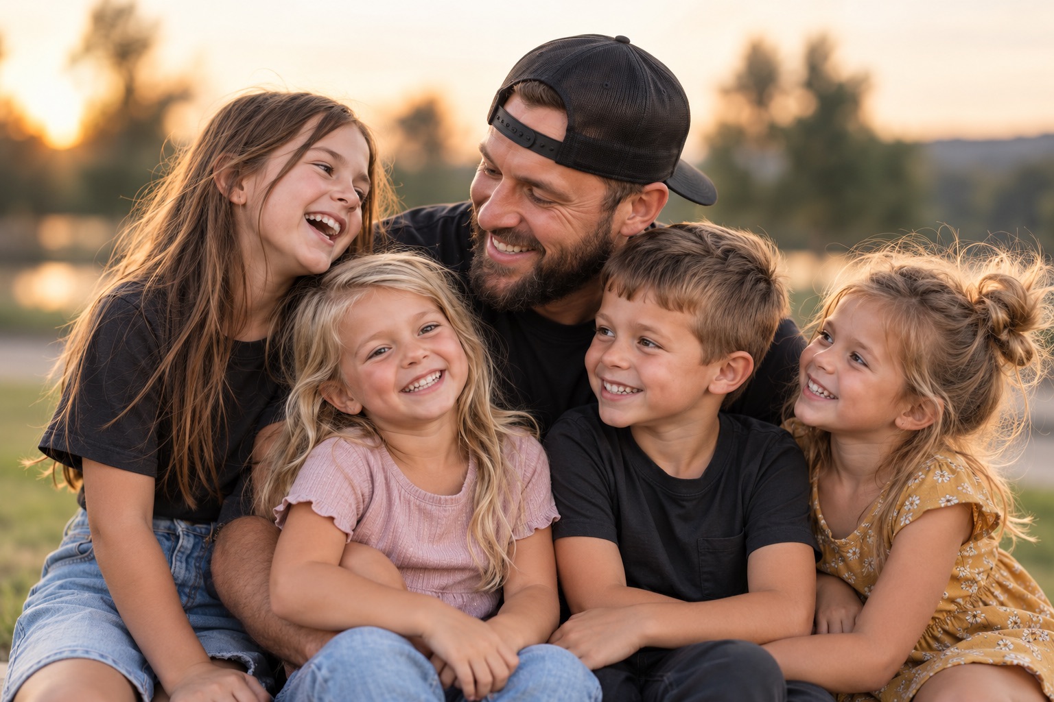A dad and four children sharing a joyful moment outdoors